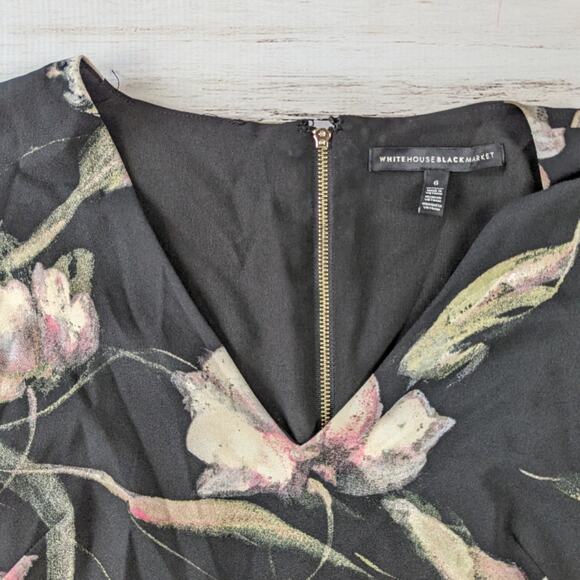 White Hours Black Market Statement Sleeve Floral Print Black Dress Sz 6 - Picture 3 of 5